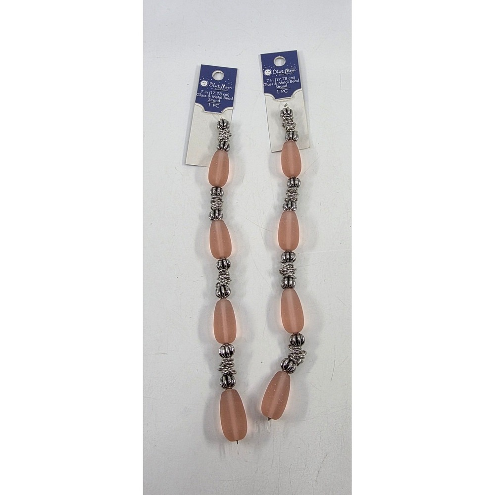Blue Moon Beads 7in Glass & Metal Bead Strand Matte Pink Teardrop Silver Lot x2